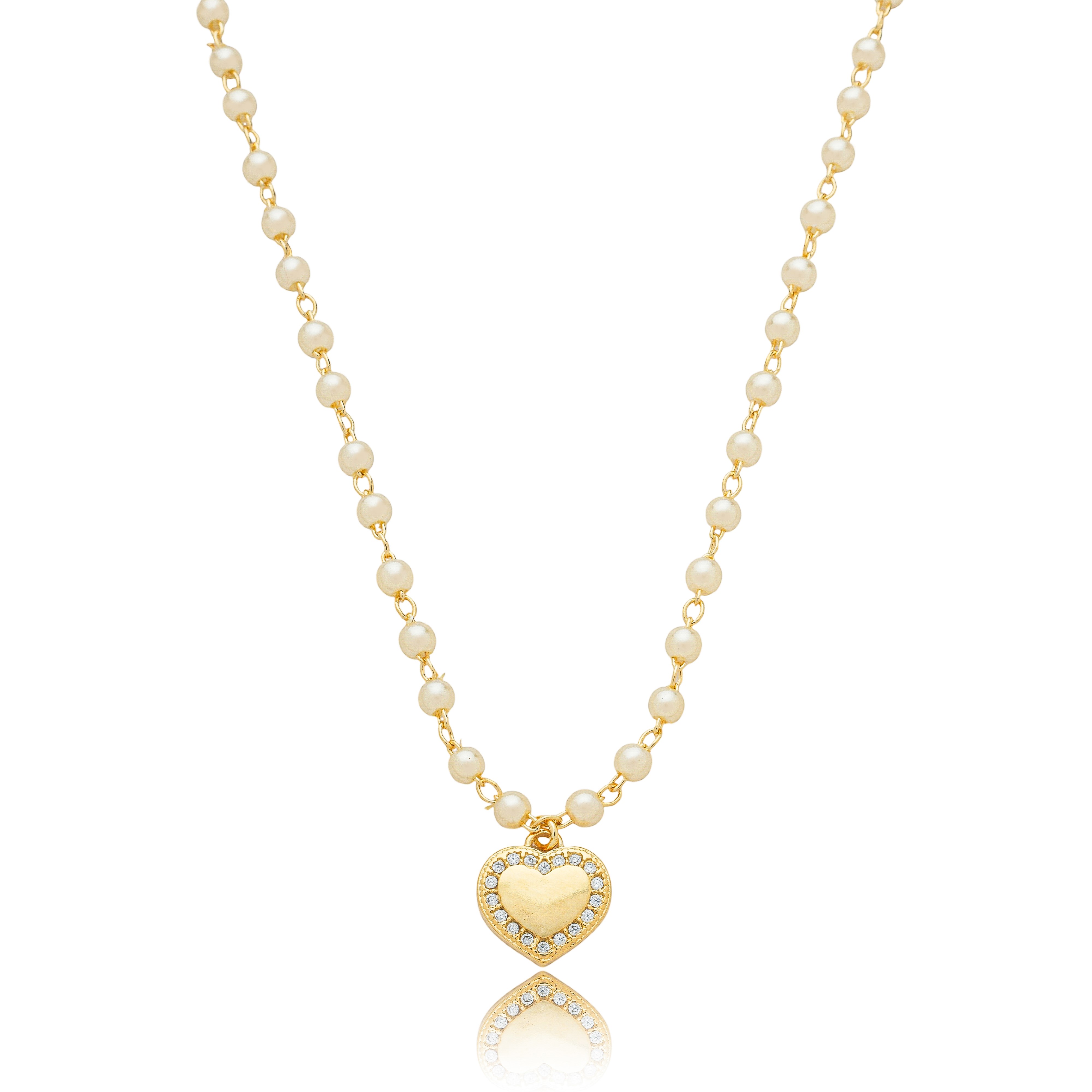Colar Coração Pérolas e Zircônias - Banho Ouro 18K